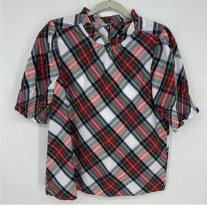 J. Crew Tartan Plaid Puff Sleeve Top S Ruffle Neck Poplin Cotton Red Holiday